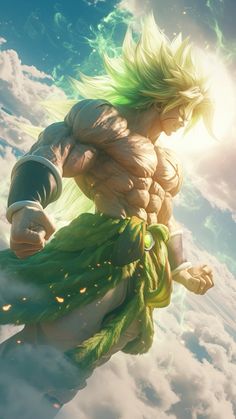 an anime character flying through the air with his green hair and headdress on