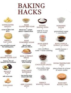 a poster with different types of baking hacks on it's front and back