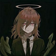 an anime character wearing a suit and tie with angel halo above his head in front of black background