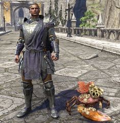 a man dressed in armor standing next to a crab on a stone floor near a building