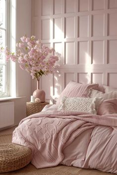 a bed with pink sheets and pillows next to a vase filled with flowers on top of it