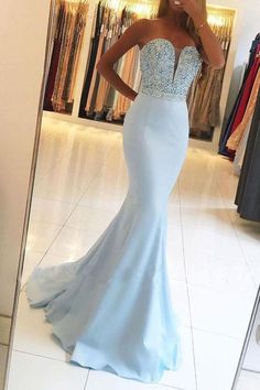 Mermaid Sweetheart Sweep Train Blue Prom Dress with Beading PG448 - Pgmdress Sweep Train Prom Dress, Robes D'occasion, Mermaid Sweetheart, Blue Prom Dress, Blue Evening Dresses, Blue Mermaid, Beaded Bodice, Lhasa, Satin Prom Dress