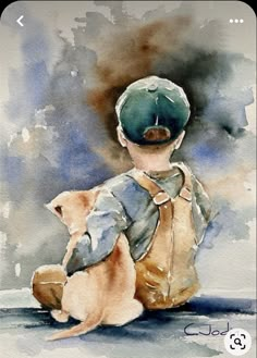 a watercolor painting of a boy holding a teddy bear