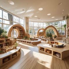 a room filled with lots of wooden furniture and plants inside of large windowed windows