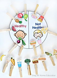 a plate with pops sticks and pictures of food on it that say healthy, not health