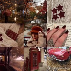 a collage of photos with red and white colors, including a woman's hand holding an umbrella