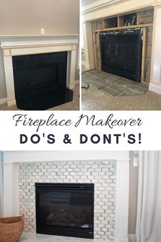 fireplace makeover do's and don'ts in the living room with text overlay