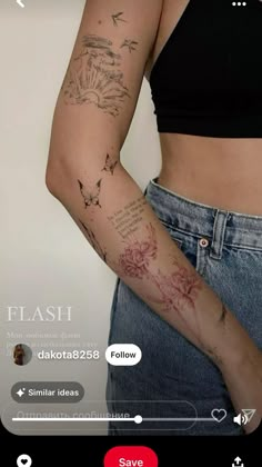 a woman's arm with tattoos on it and the words flash written in red ink