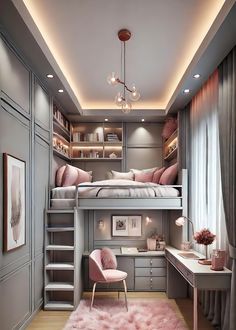 a bedroom with a loft bed, desk and chair next to a pink rug on the floor