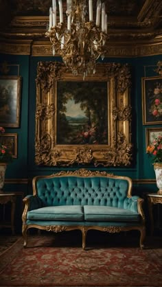 a blue couch sitting under a chandelier in a room with paintings on the wall