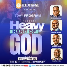 the poster for heavy hand of god, featuring five men in suits and one woman