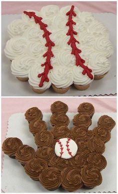 two pictures of decorated cupcakes with baseball and softball on them, one is white and the other has brown icing