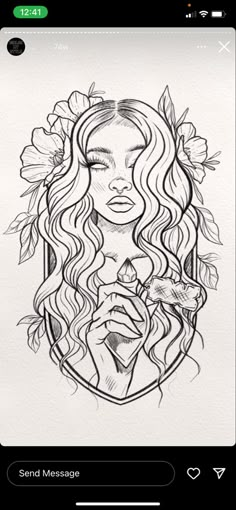 a drawing of a woman with flowers on her head and hands holding a glass in front of her face