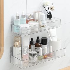 a bathroom shelf filled with lots of beauty products