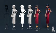 an animation character poses in different outfits