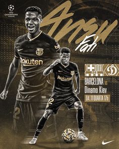 two soccer players in black and gold uniforms on a dark background with the names of their respective teams