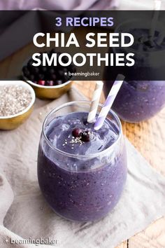 two glasses filled with blueberry chia seed smoothie