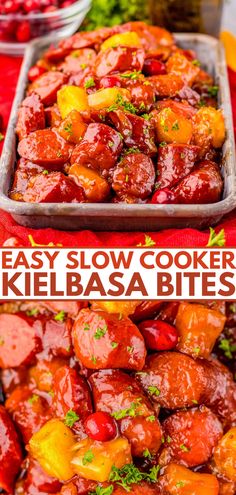 two trays filled with cooked kielbasa bites on top of a red table cloth