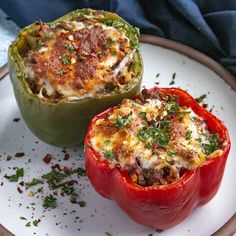 two stuffed peppers sitting on top of a white plate next to each other with toppings