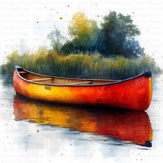 a painting of a canoe on the water with grass and trees in the back ground