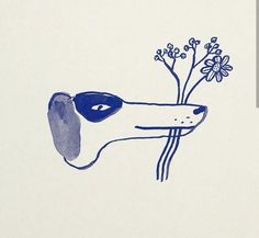 a drawing of a dog's head with flowers in its mouth, on a white background