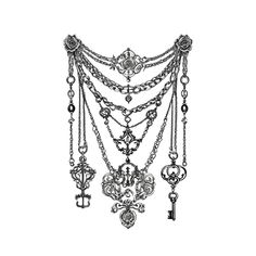 a drawing of a necklace with keys and chains hanging from it's sides on a white background