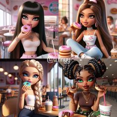 two dolls eating donuts and drinking coffee in a restaurant, while another doll eats doughnuts