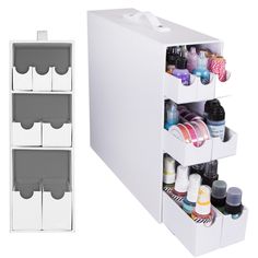 two white drawers and one is filled with nail polish, lotion, and other items