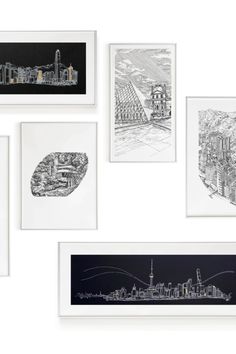 A collection of architectural drawings as art prints in different sizes mounted and framed on a white background Hong Kong Skyline Drawing, Hong Kong Watercolor, Shanghai Skyline, Drawing Frames, House Portraits