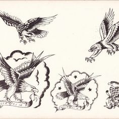 an old school tattoo design with birds and clouds