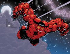 an image of a red devil flying through the air with stars in the sky behind him