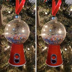 two pictures of a gummy machine in front of a christmas tree