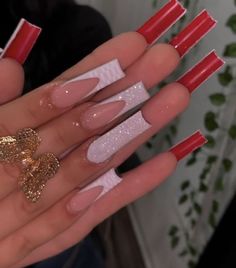 Birthday Nails 21st Long, Simple Christmas Nails Acrylic Long, Red Bottoms Nails Acrylic, Graduation Nails Acrylic Long, Acrylic Nail Designs Birthday Art Ideas, Simple Red Bottom Nails, Red Bottom Nails White, Long Acrylic Nails Initial, Red Christmas Nails Long Square