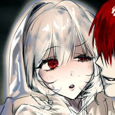 two anime characters one with red eyes and the other with white hair, are facing each other