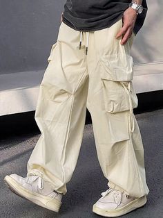 Men's Solid Color Drawstring Waist Cargo Pants, Plain Long Baggy Drawstring Pants, For Husband, Boyfriend Gifts Beige Street   Woven Fabric Plain Cargo Pants Non-Stretch  Men Clothing, size features are:Bust: ,Length: ,Sleeve Length: Men In Cargo Pants, Drip Clothes Men, Male Cargo Pants, Baggy Cargo Pants Men, Cargos Men, Mens Winter Wardrobe, Cargo Pants Outfit Men, Street Fashion Men, Men Cargo Pants