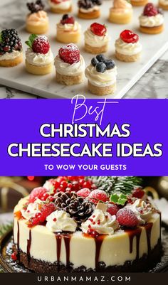 Christmas Cheesecake Ideas Holiday Cheesecakes Christmas, Cheesecake For Wedding Reception, Christmas Dessert Ideas Cheesecake, Cheesecake Charcuterie Board, Mini Christmas Cheesecakes, Cheesecake Bar Wedding, Sheet Pan Cheesecake, Variety Cheesecake, Cheesecake Garnish