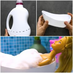 there are three pictures showing how to make a doll bathtub with soap and water