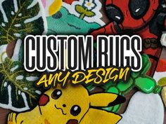 various patches with the words custom rugs and designs printed on them, including pikachu