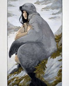 a painting of a woman sitting on top of a large bear with her arms wrapped around her chest