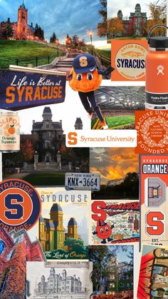 an orange and blue collage with many different things