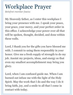 a page with the words workplace prayer written in blue and white on top of it