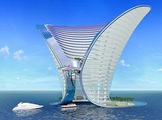 an artistic rendering of a futuristic building in the middle of the ocean with a slide coming out of it