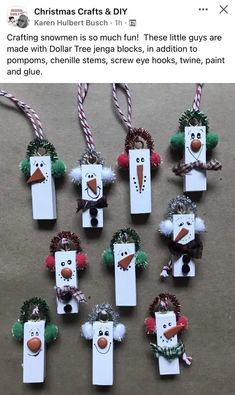 snowman ornaments made out of popsicle sticks and candy canes