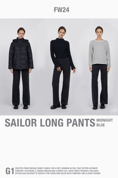 Female model in multiple outfits showing long deep navy pants. Dobby Fabric, British Khaki, Womens Business Casual, The Sailor, Women Pants Casual, Long Pants, Timeless Style, Women's Pants, Business Casual