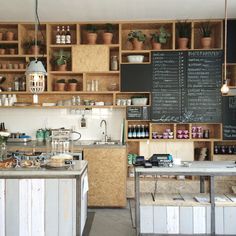 a kitchen filled with lots of counter top space next to a chalkboard covered wall