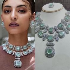 Experience the allure of Manish Malhotra-inspired India Diamond Jewelry, evoking the essence of a Sabyasachi Necklace Set. Our enchanting Mint Green Necklace, embellished with dazzling American Diamonds, promises to infuse your look with an irresistible blend of opulence and grace. Embrace the eternal allure of sophistication and leave a lasting impression at your upcoming special occasion. *𝐏𝐑𝐎𝐃𝐔𝐂𝐓 𝐃𝐄𝐓𝐀𝐈𝐋* * Material: Brass * Plating: White Rhodium Plated * Stone: AAA Quality CZ Mi Luxury Emerald Necklace With Jewels For Formal Occasions, Luxury Emerald Necklace With Jewels For Formal Events, Luxury Emerald Necklace For Formal Events, Luxury Emerald Bridal Necklace For Formal Occasions, Luxury Formal Emerald Bridal Necklace, Luxury Formal Bridal Emerald Necklace, Bridal Diamond Necklace With 17 Jewels, Luxury Silver Emerald Necklace With Jewels, Opulent Evening Jewelry With Diamond Accents