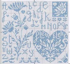 a cross stitch pattern with blue and white designs on the front, in two rows