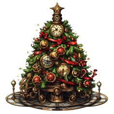 a christmas tree with clocks and bells on it's sides is surrounded by red ribbon