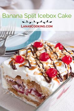 a piece of banana split icebox cake on a plate with a fork next to it