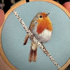 a hand holding a small embroidered bird on a blue background with white and orange stripes